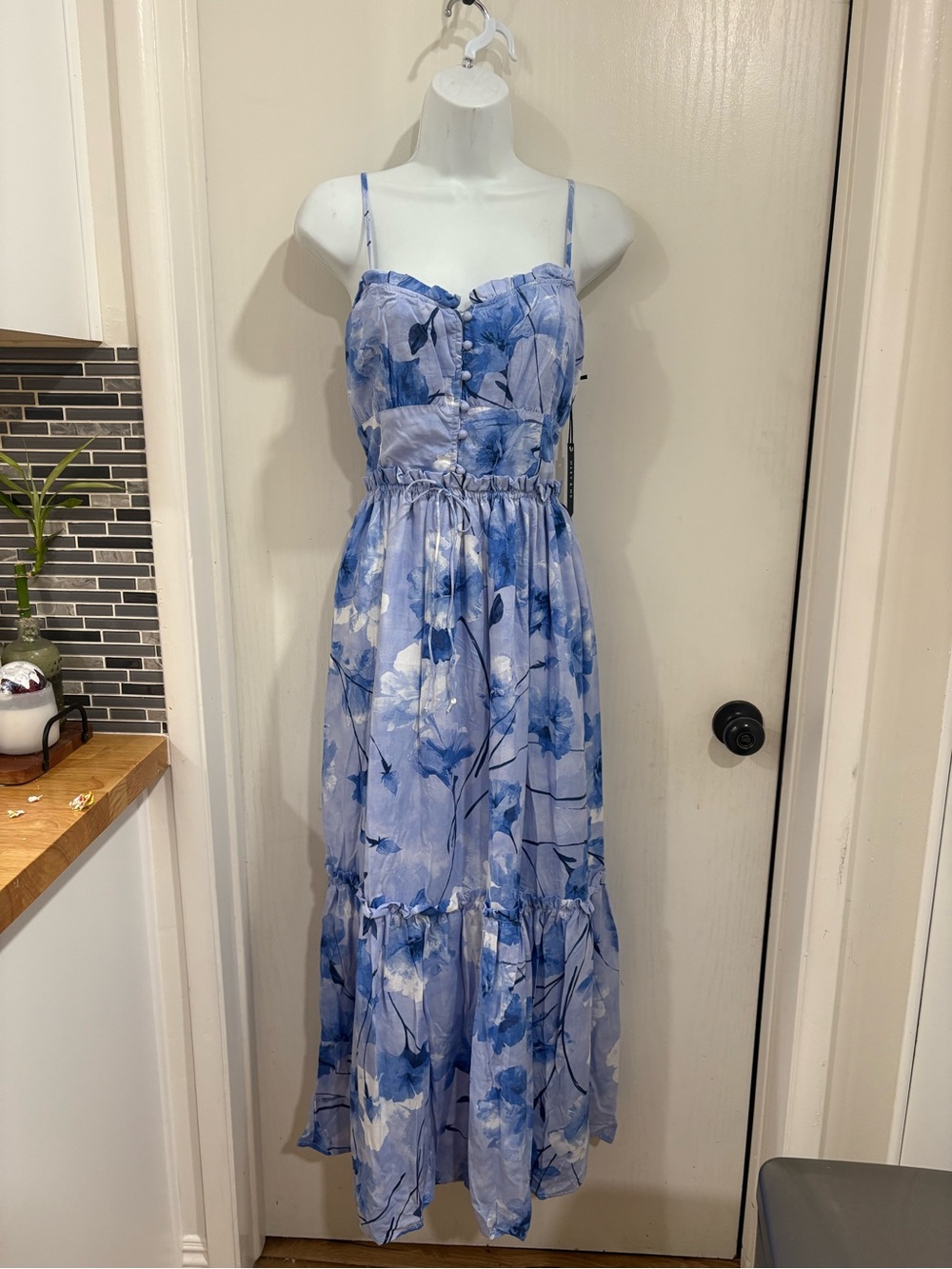 Mary & Mo Blue Floral Spaghetti‑Strap Maxi Dress